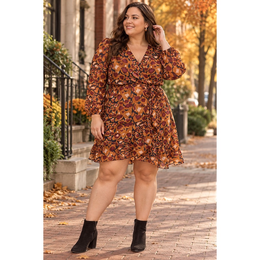 Montgomery Post XXL Abstract Print Long Sleeve Wrap Style Ruffle Dress NWT Fall